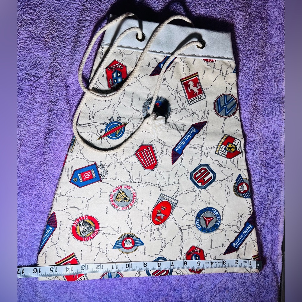 BEACH BAG  Vintage “European Sports-car Logo’s” print. * see description*
